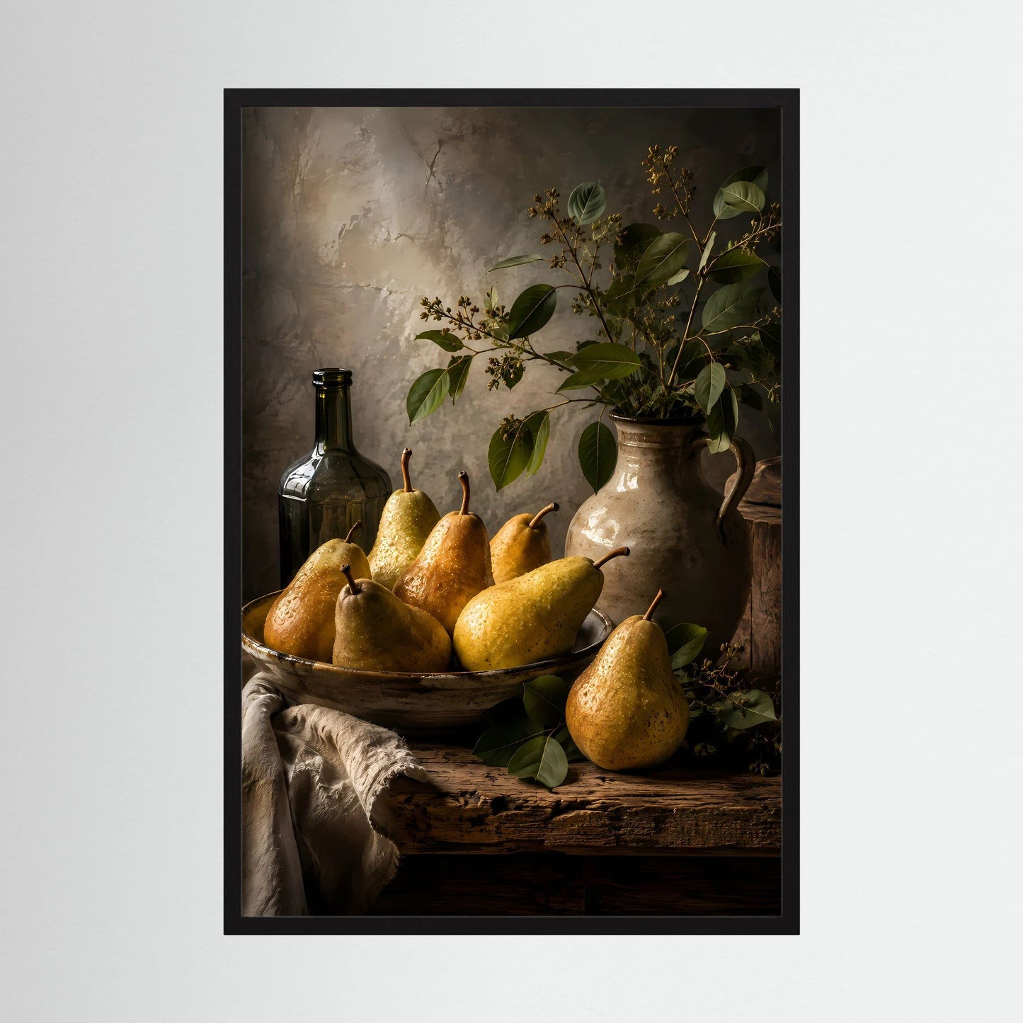 Hochformatiges Poster mit Birnen, Flasche und Vase mit Blättern im schwarzen Rahmen