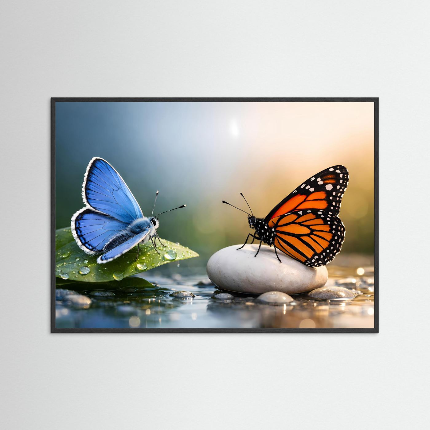 Naturposter Querformat mit blauen und orangefarbenen Schmetterlingen im schwarzen Rahmen