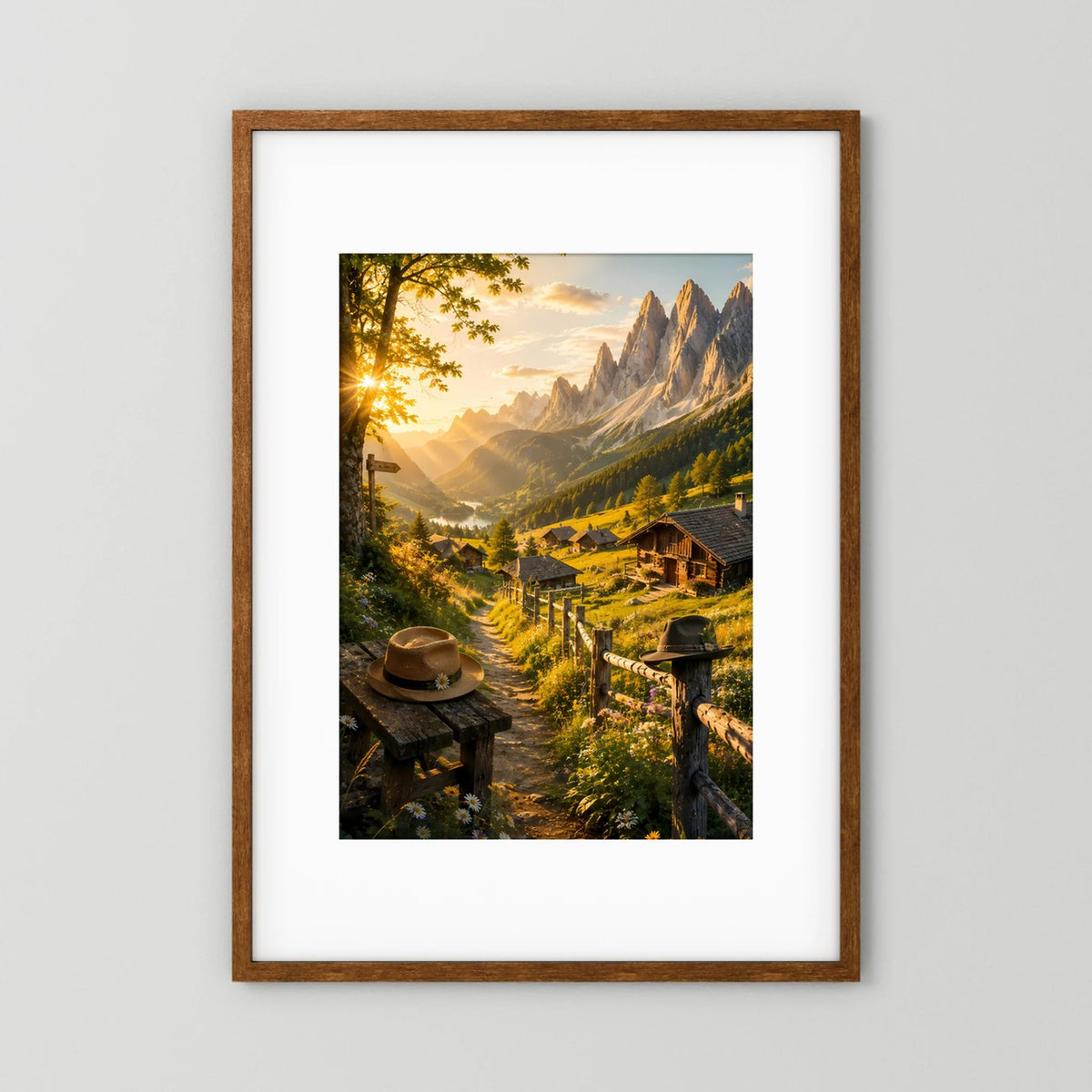 Hochformat-Poster Bergtal mit Almhütten, Sonnenlicht, brauner Holzrahmen