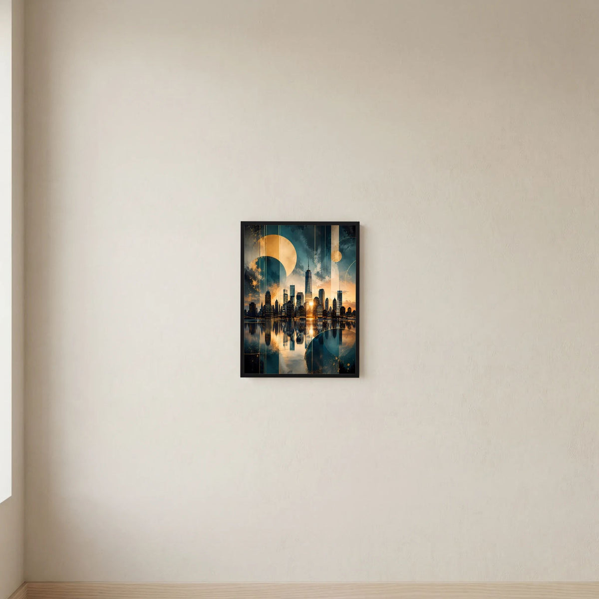Hochformatiges Skyline-Poster im schwarzen Rahmen, goldene Formen über einer petrolfarbenen Stadt