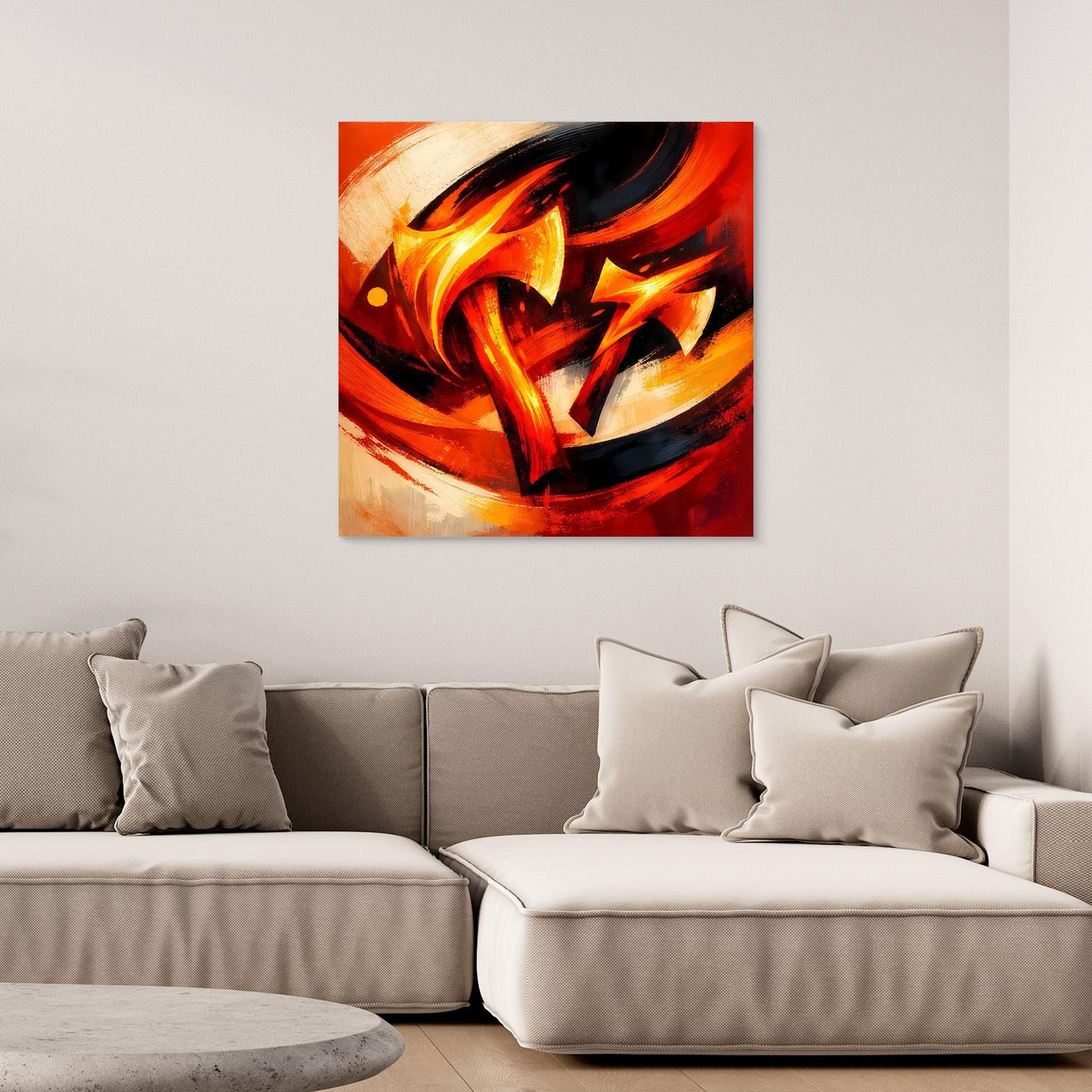 Leinwandbild mit abstrakter Wikinger-Axt, flammendes Rot-Orange mit schwarzem Kontrast