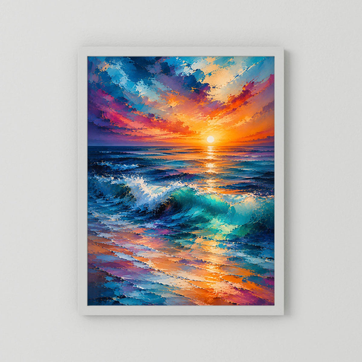 Hochformat-Poster Sonnenuntergang am Meer, blaue und orange Wellen, weißer Rahmen
