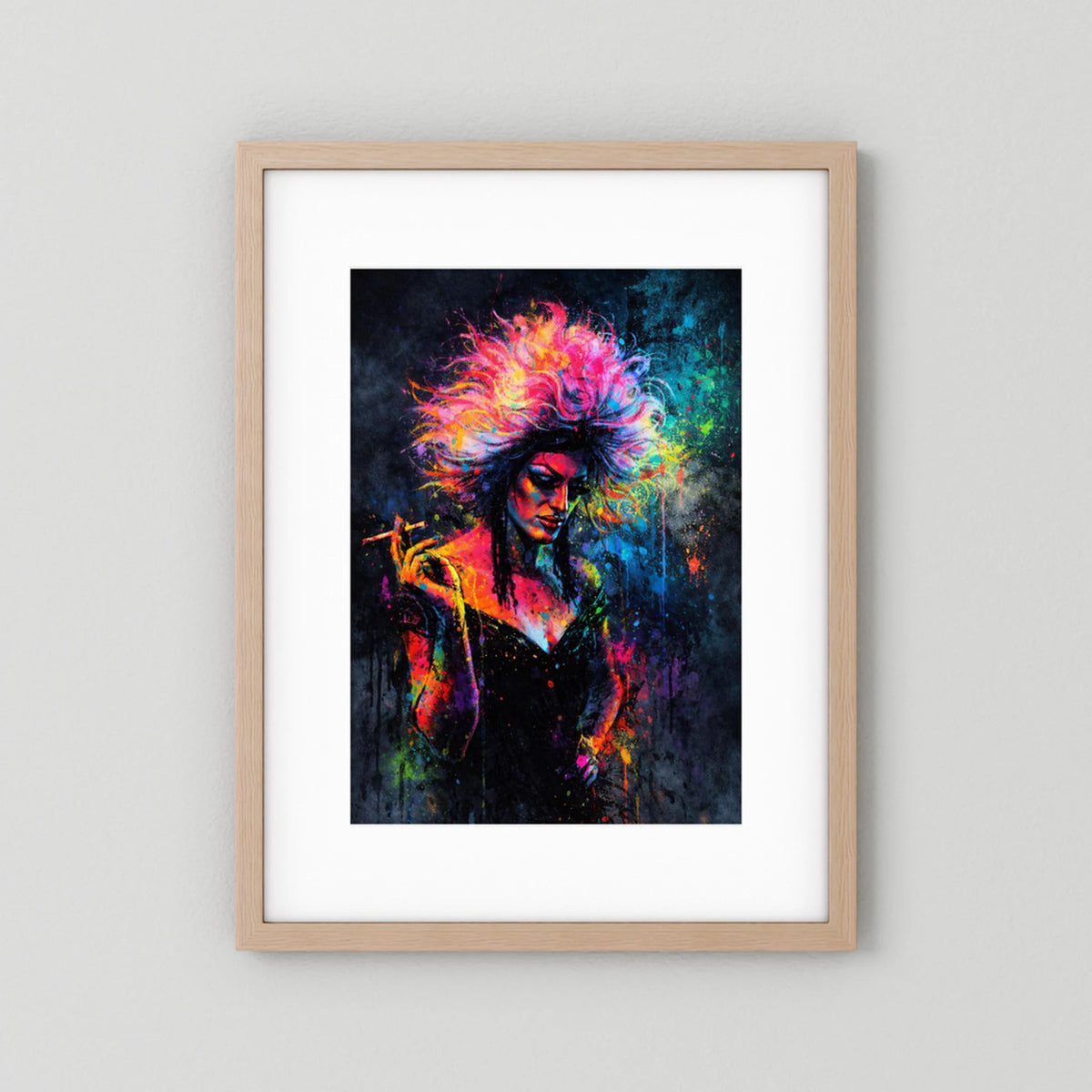 Neon-Wandbild mit Drag-Queen-Porträt, bunter Haarwirbel, heller Holzrahmen