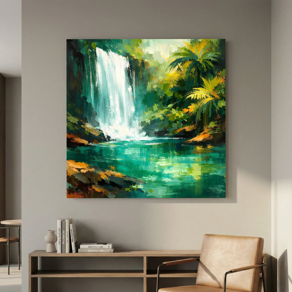 Leinwand-Wandbild mit Wasserfall, grünen und gelben Palmen sowie abstraktem Fluss