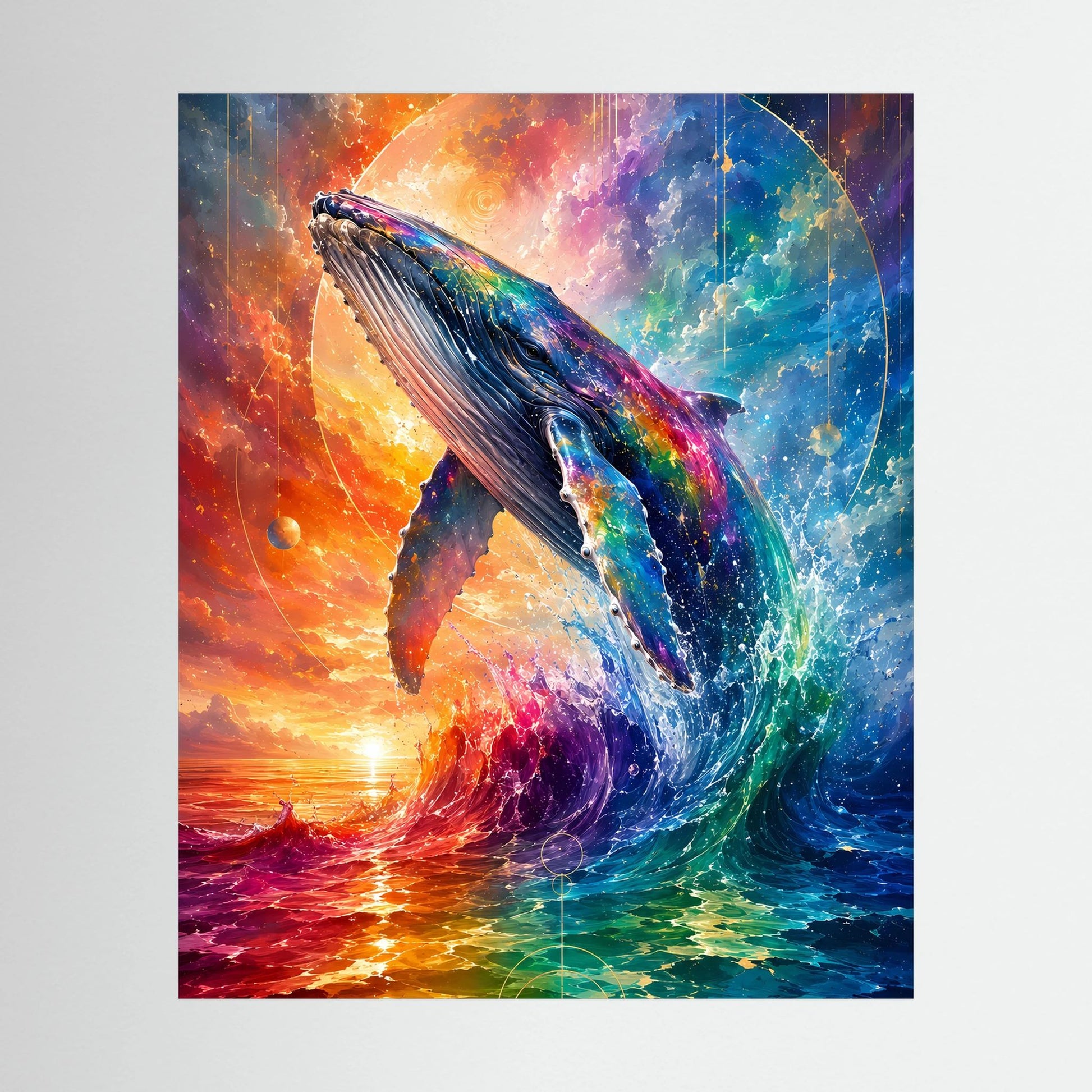 Hochformat-Poster mit bunter Wal-Darstellung und Meer in Regenbogenfarben