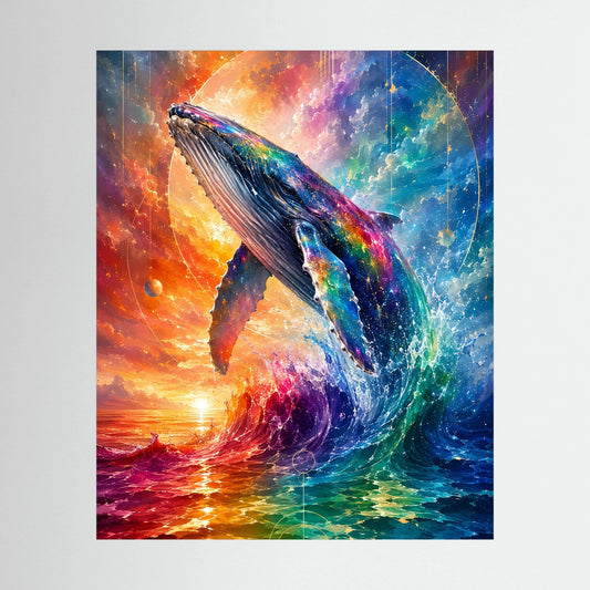 Hochformat-Poster mit bunter Wal-Darstellung und Meer in Regenbogenfarben