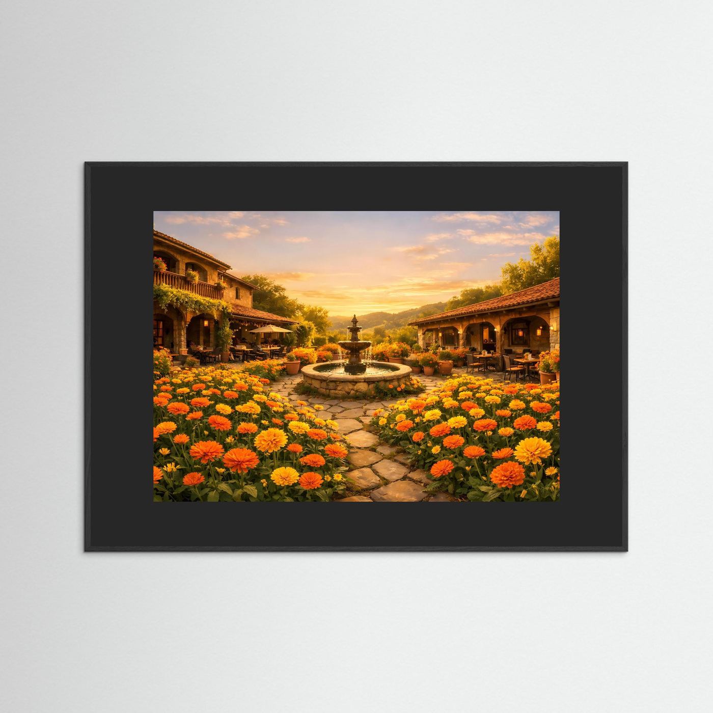 Gerahmtes Wandbild mit schwarzem Rahmen: Innenhof mit Brunnen und bunten Beeten
