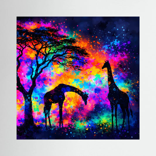 Leinwandbild auf Keilrahmen: abstrakte Giraffen- und Elefanten-Silhouetten im bunten Farbnebel