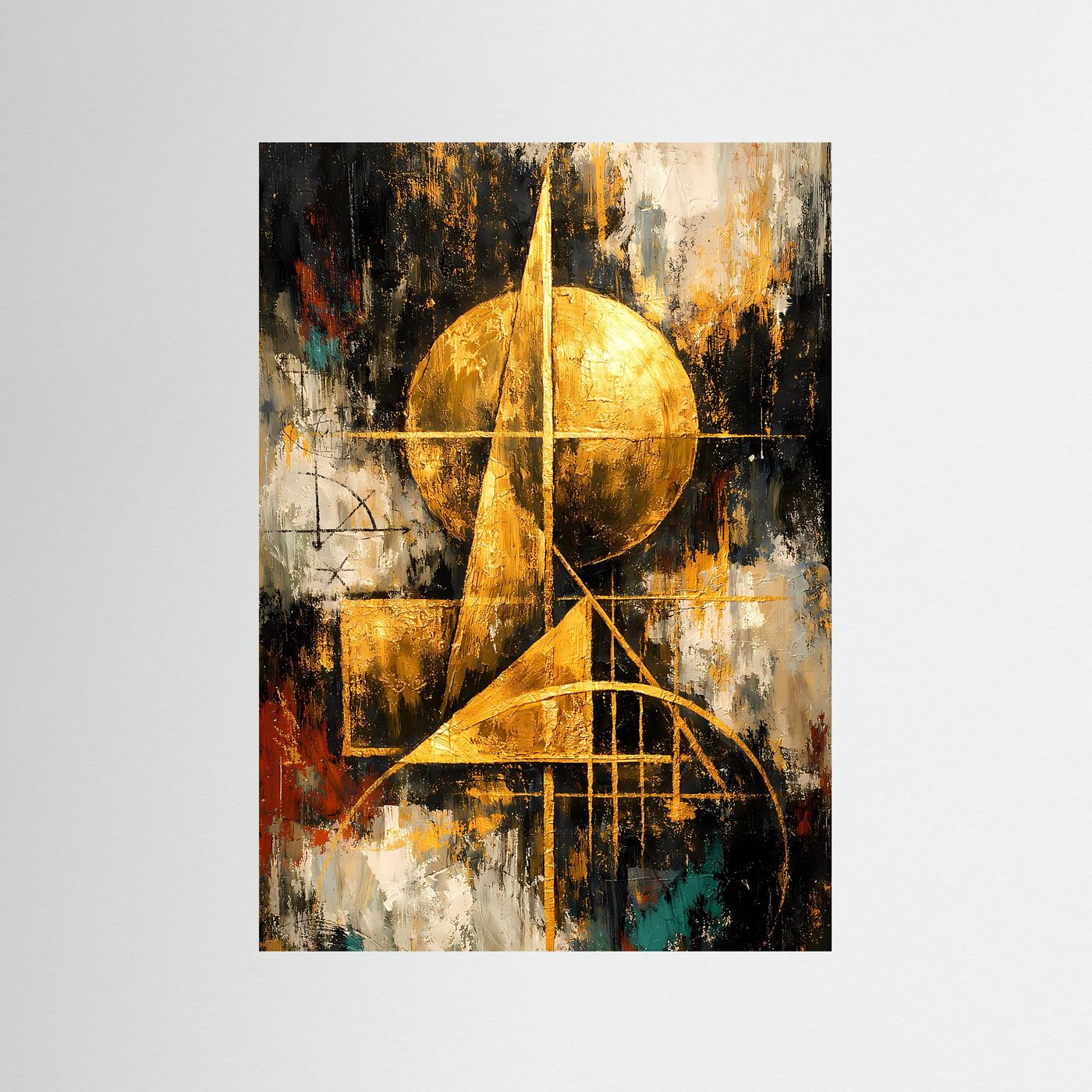 Abstraktes Bauhaus-Poster mit goldenen Kreisen und Linien auf Schwarz-Weiß, Farbakzente