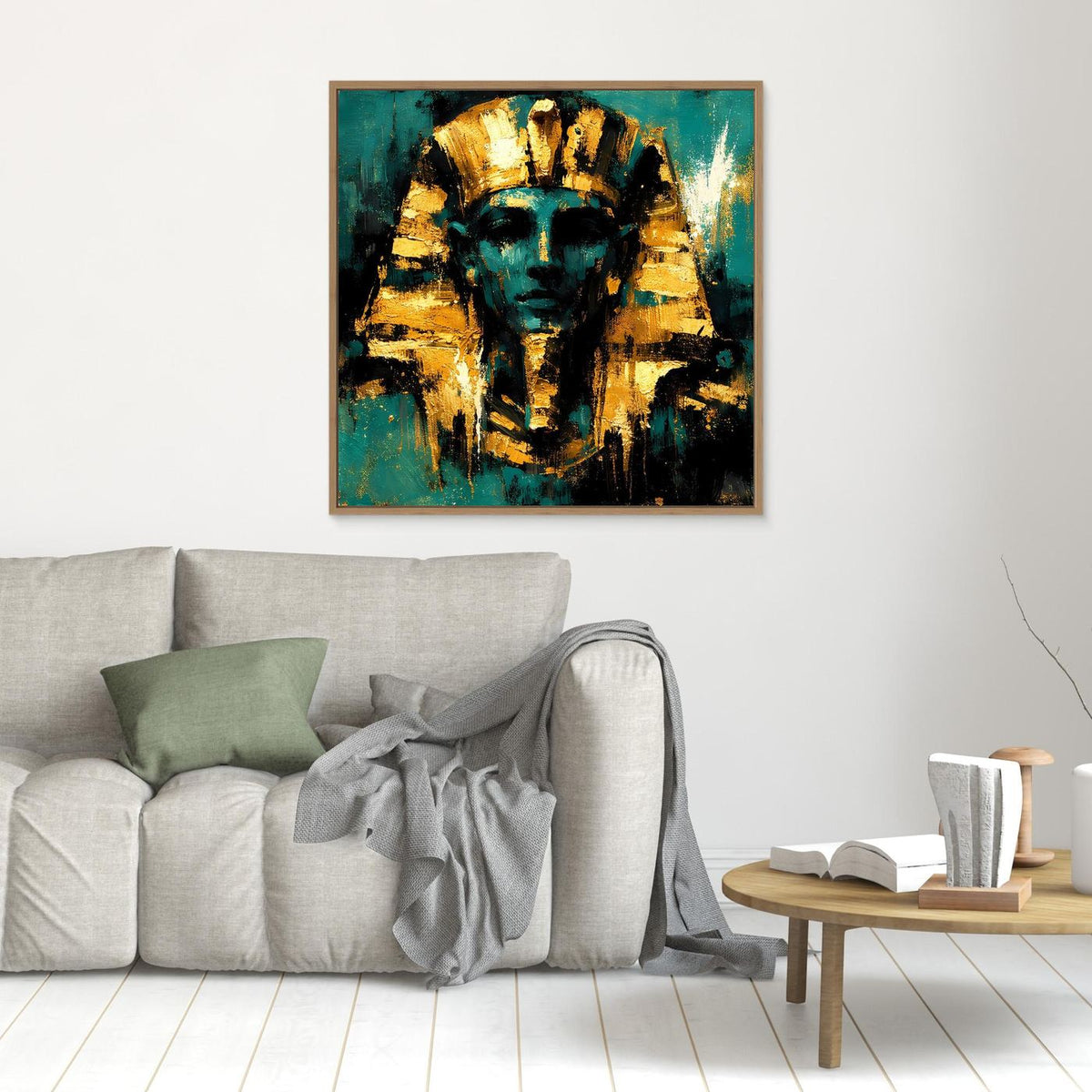 Gerahmtes Leinwand-Wandbild mit abstrahiertem Pharao in Türkis und Gold, schmaler Rahmen