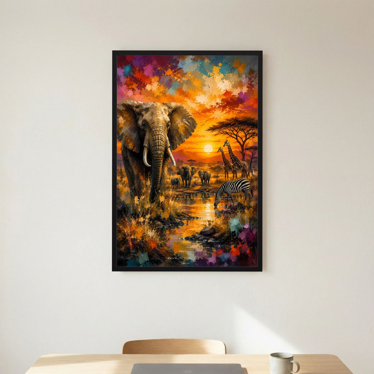 Poster im Hochformat mit schwarzem Holzrahmen: Elefant, Zebras und afrikanische Safari-Landschaft