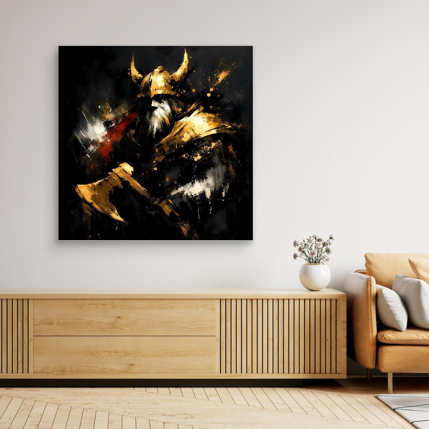 Leinwand Goldener Wikinger Krieger | Abstraktes Nordmann Wandbild Modern