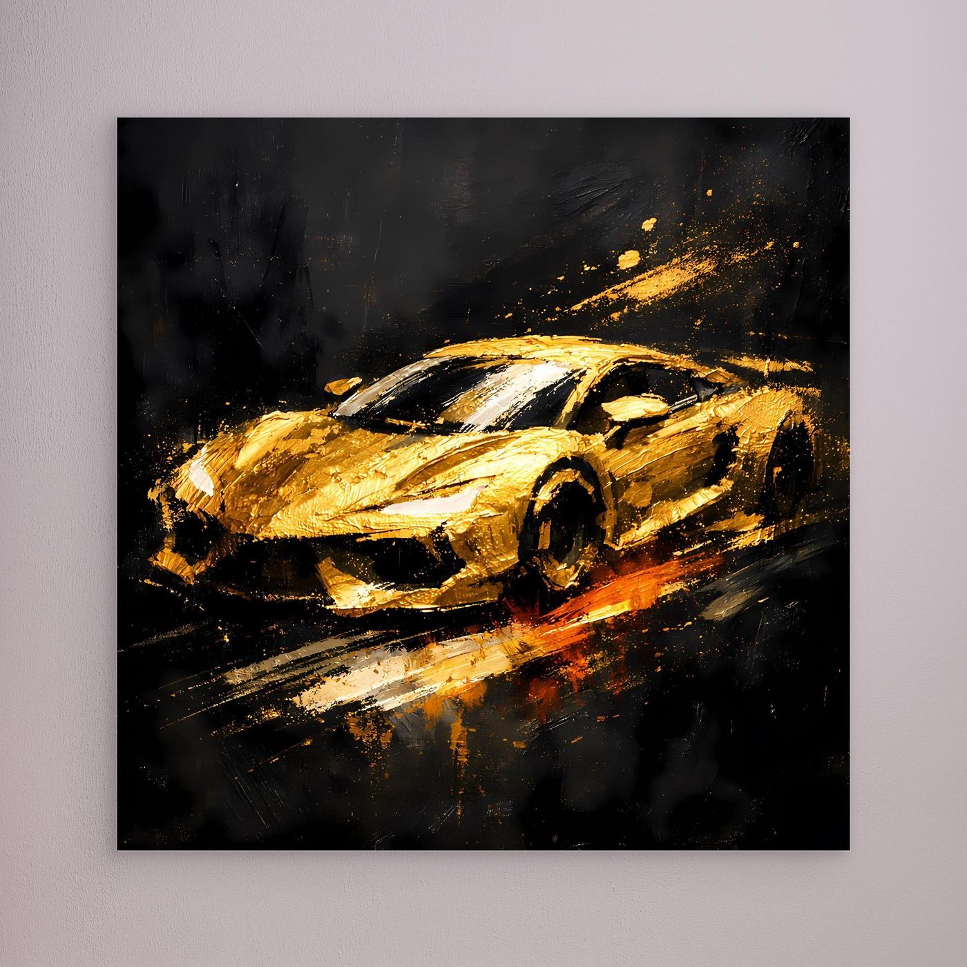 Leinwand Goldener Sportwagen Abstrakt | Modernes Rennwagen Wandbild Schwarz Gold