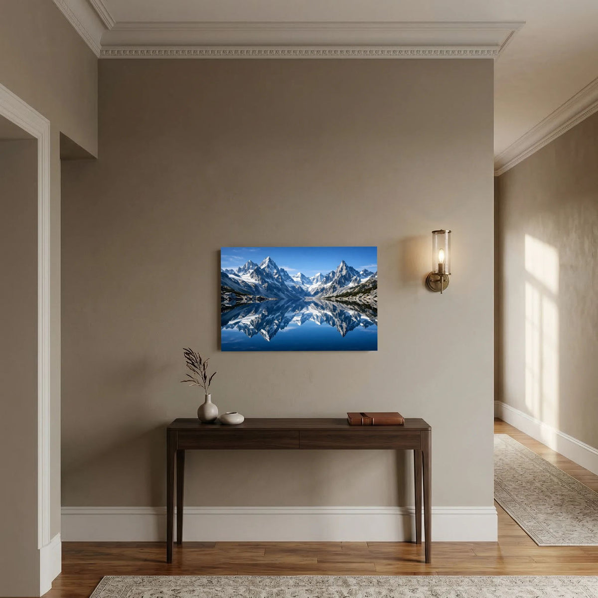 Poster mit Alpenlandschaft und spiegelndem See, Querformat
