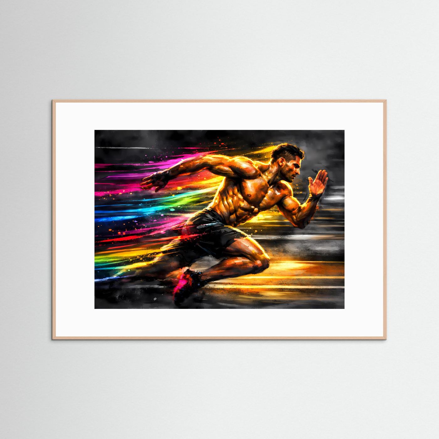 Gerahmtes Sport-Poster mit Sprinter im Neon-Splash-Art, hellbrauner Rahmen