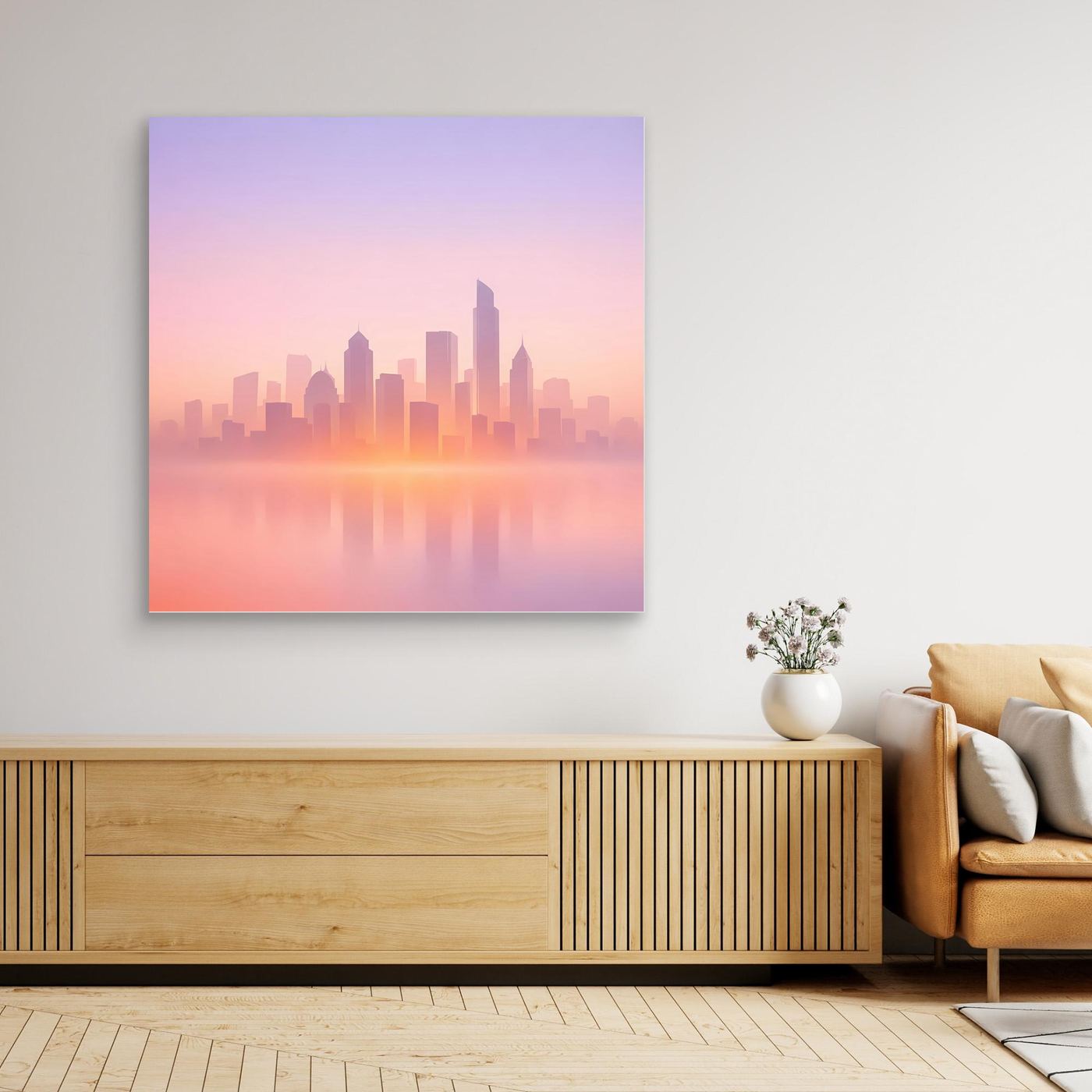 Quadratisches Leinwand-Wandbild mit Skyline im Dunst in Pastellfarben