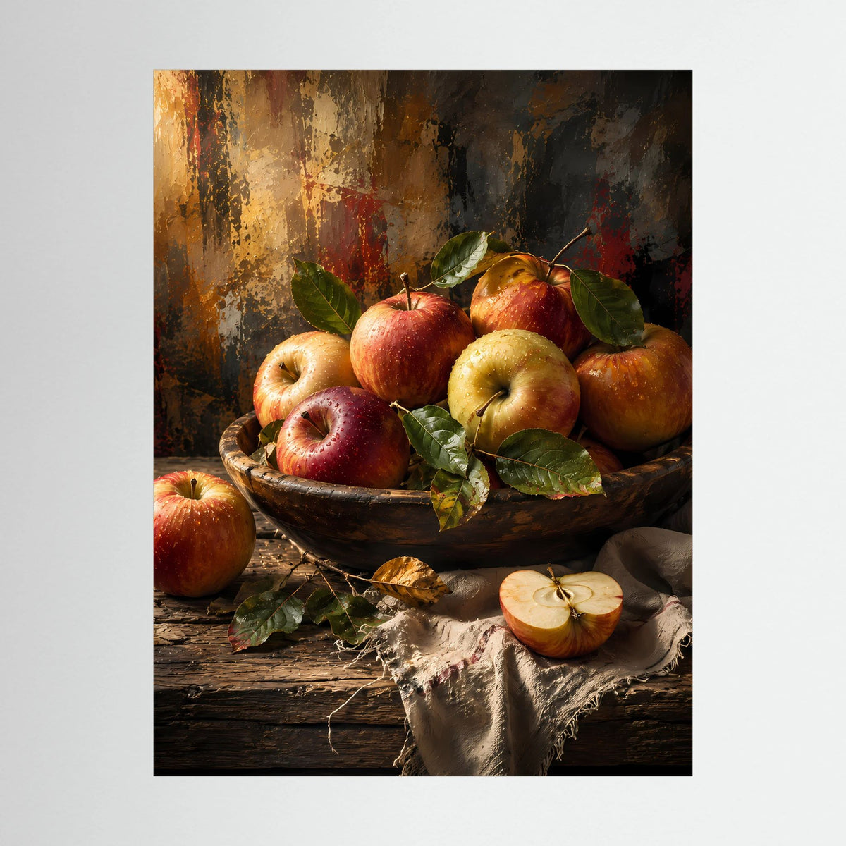 Nahaufnahme des Posterprints: Äpfel in einer Schale, Blätter und Holztextur