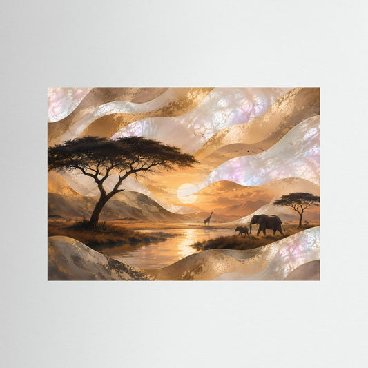 Querformat-Poster ohne Rahmen mit Perlmutt-Look: Elefanten, Giraffe und Landschaft