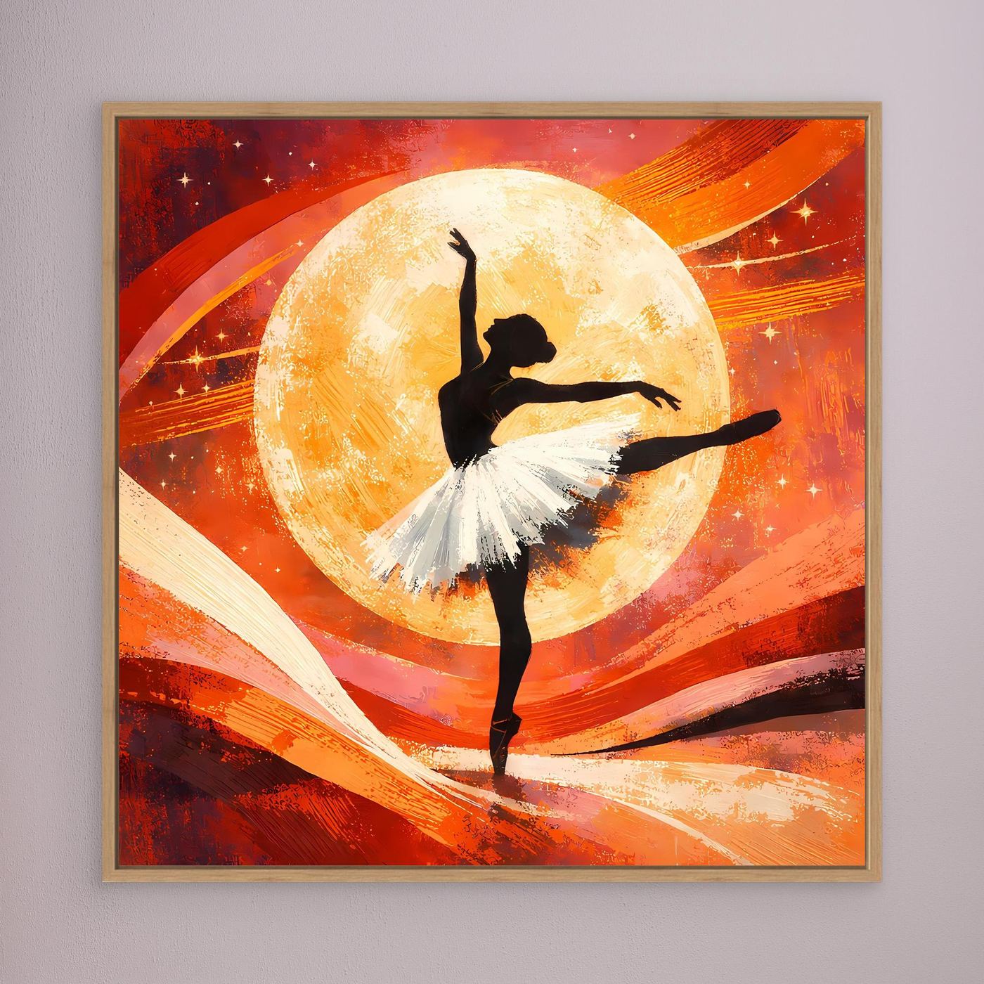 Leinwandbild mit Holzrahmen: schwarze Ballerina vor Vollmond, abstrakte Rot-Orange Pinselstriche