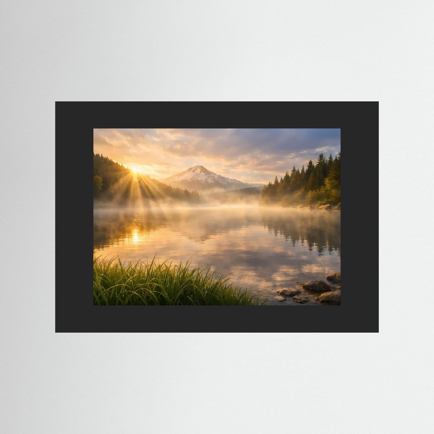 Wandbild mit See-Landschaft und Bergen, Sonnenaufgang, schwarz gerahmt