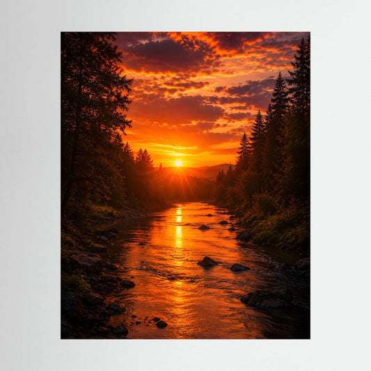 Poster im Hochformat mit Sonnenuntergang über Waldfluss im Feuerrot und Gold