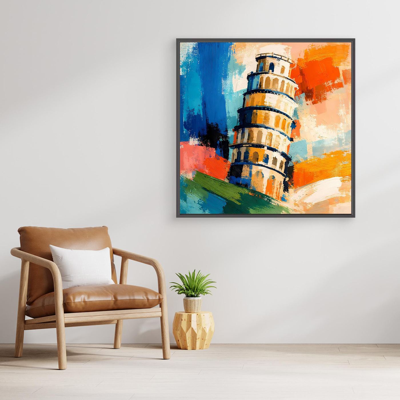 Abstract lighthouse canvas wall art with blue and orange tones, in black frame
