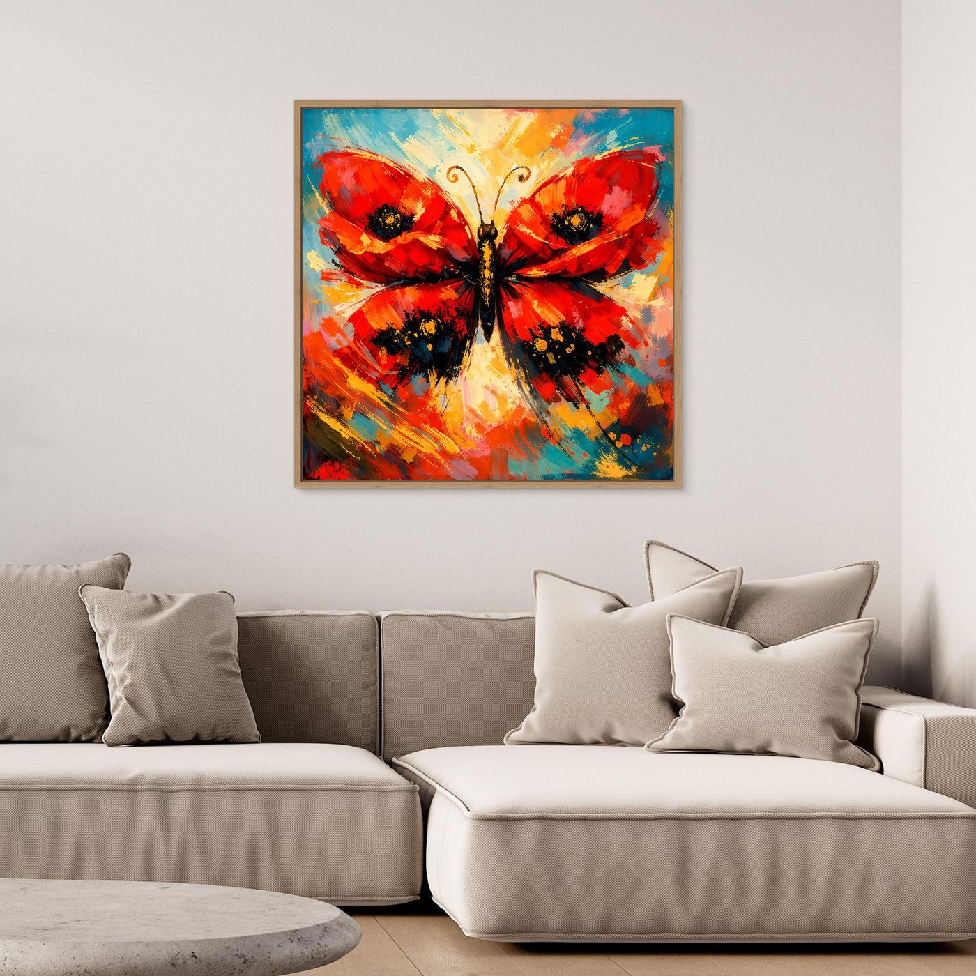 Gerahmtes Leinwandbild mit abstraktem Schmetterling in Rot, Schwarz, Blau und Türkis