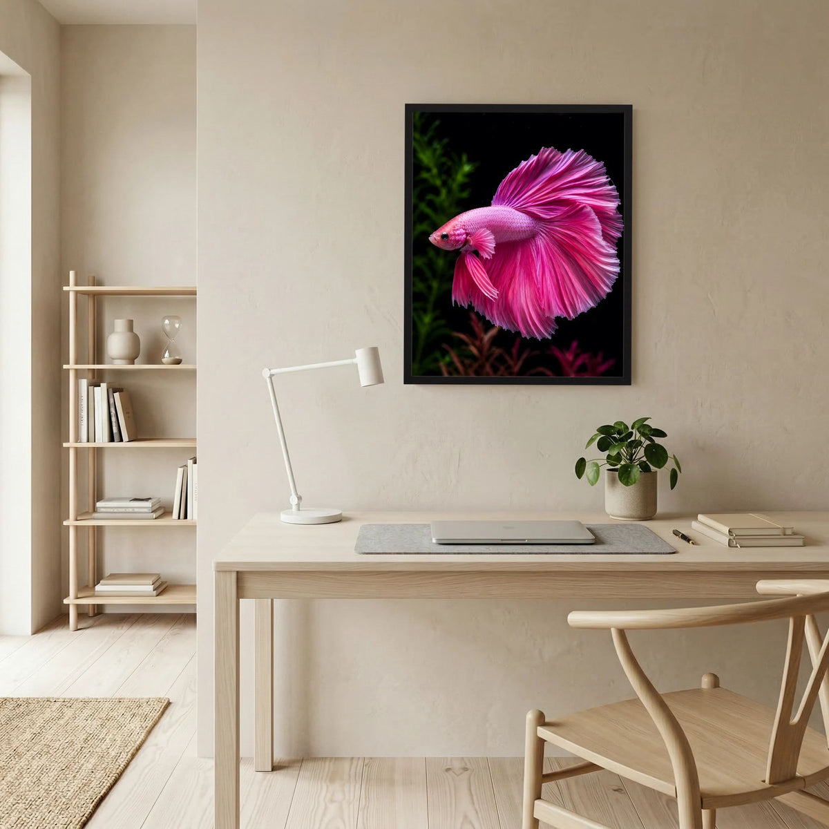 Tierposter im Hochformat: pinker Kampffisch mit schimmernden Schuppen und Fächerflossen