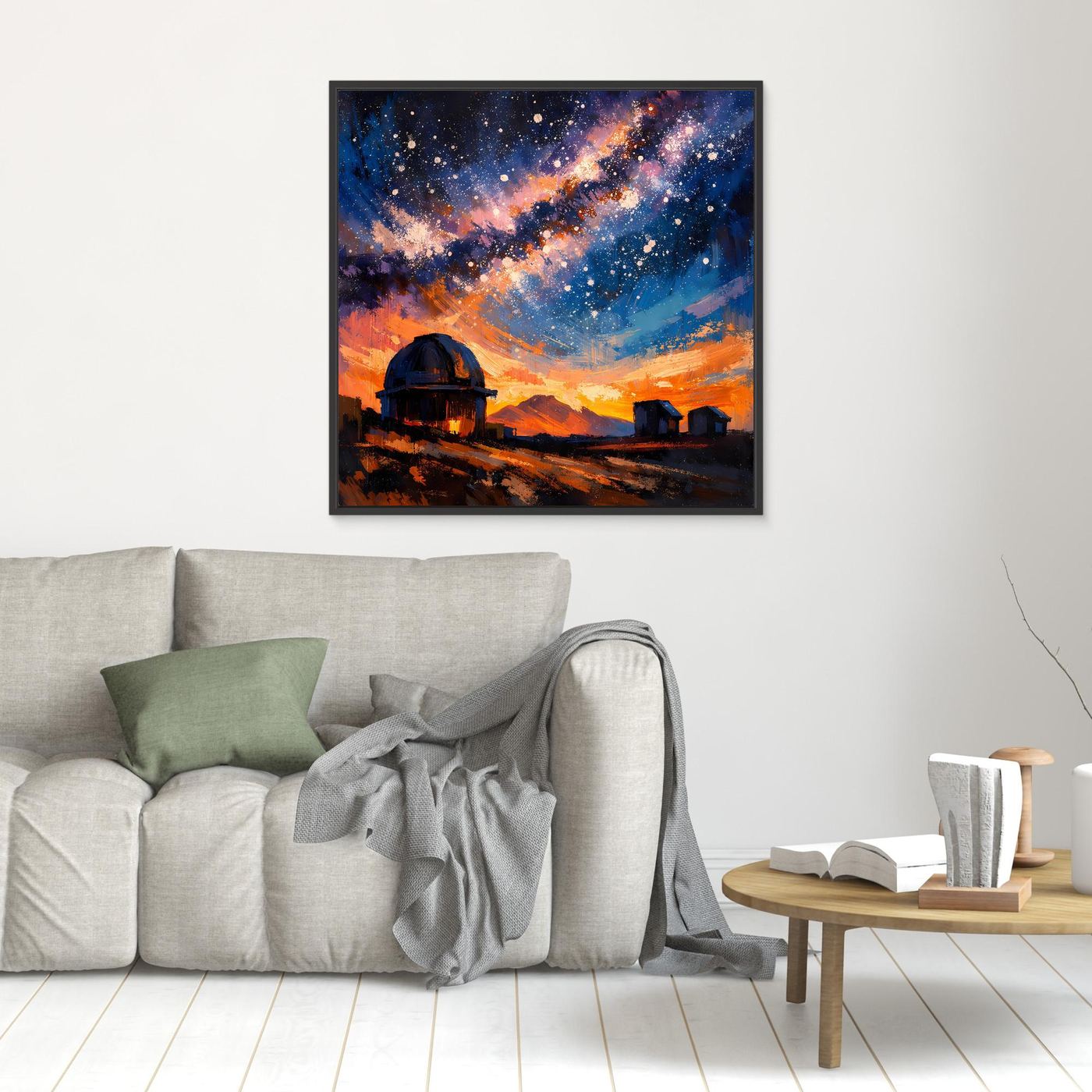 Kleines Wandbild: abstrakte Galaxie mit Sternen, Sternwarte mit Teleskop, dunkel gerahmt