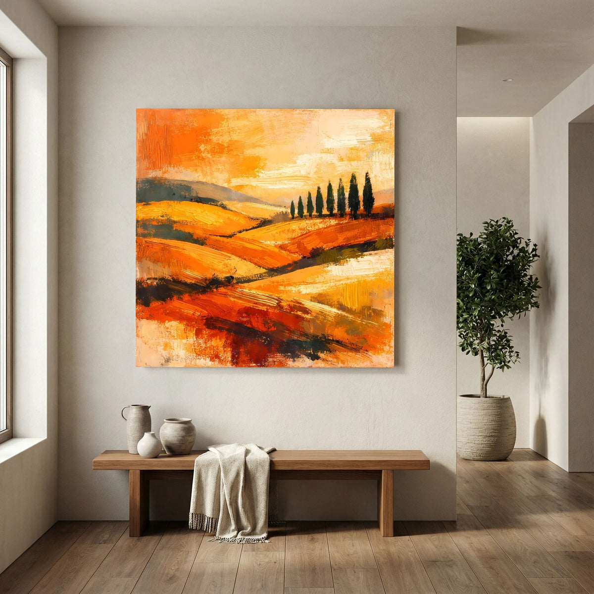 Leinwand-Wandbild mit Holzrahmen: abstrakte Hügel in Orange, Zypressenreihe entlang eines Weges.