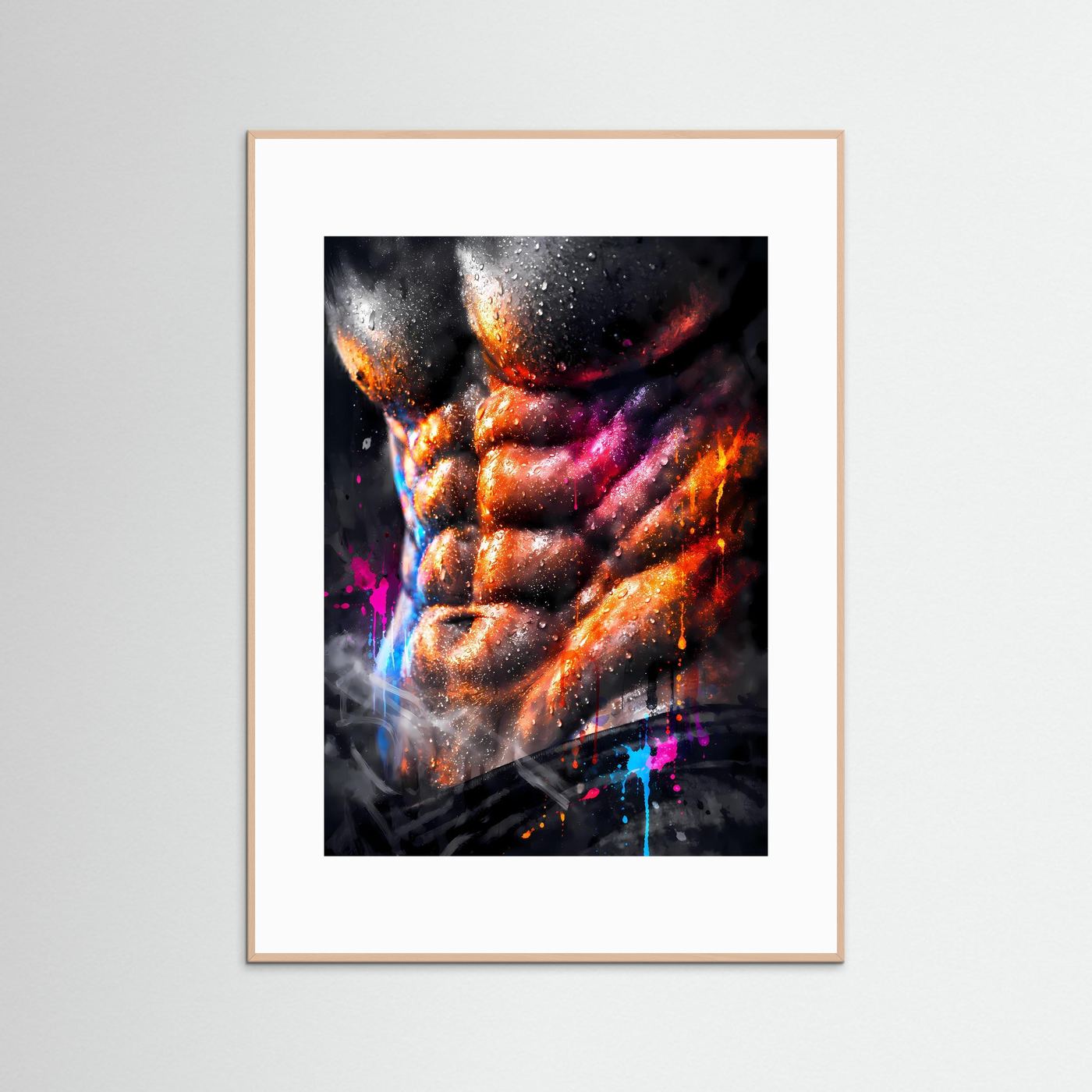 Die Kunst der Definition | Neon Muskel Poster mit durchtrainiertem Sixpack & Regenbogen-Farben | Abstraktes Bodybuilding Kunstposter Hochformat