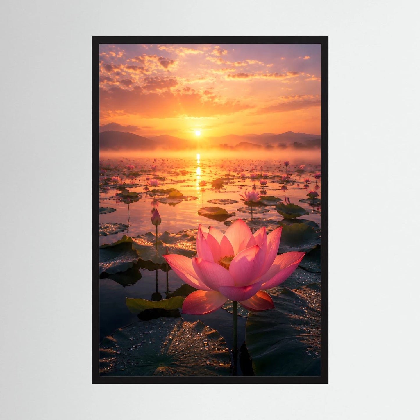 Hochformatiges Poster mit rosa Lotusblüte bei Sonnenuntergang, schwarzer Rahmen