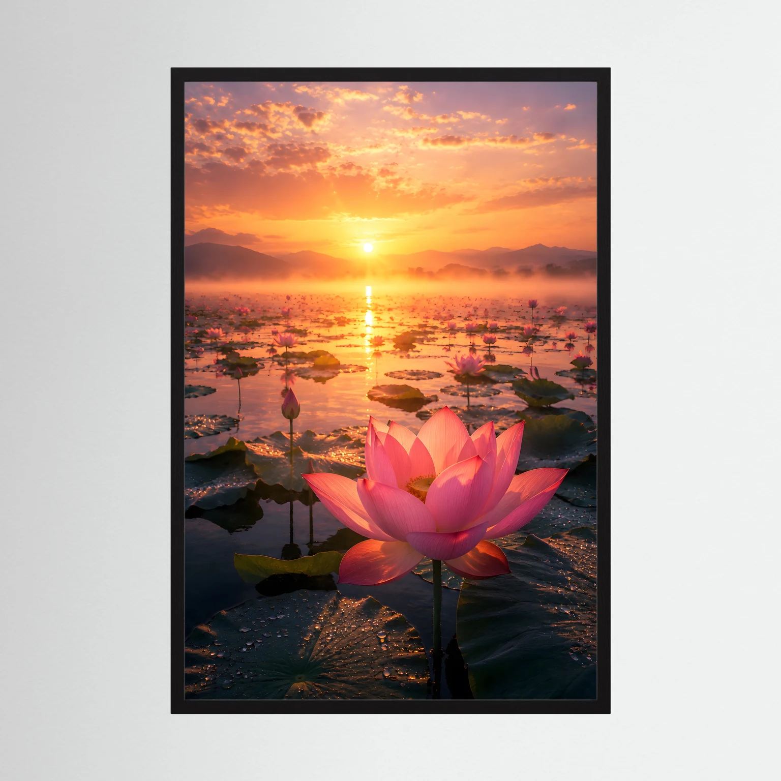 Hochformatiges Poster mit rosa Lotusblüte bei Sonnenuntergang, schwarzer Rahmen