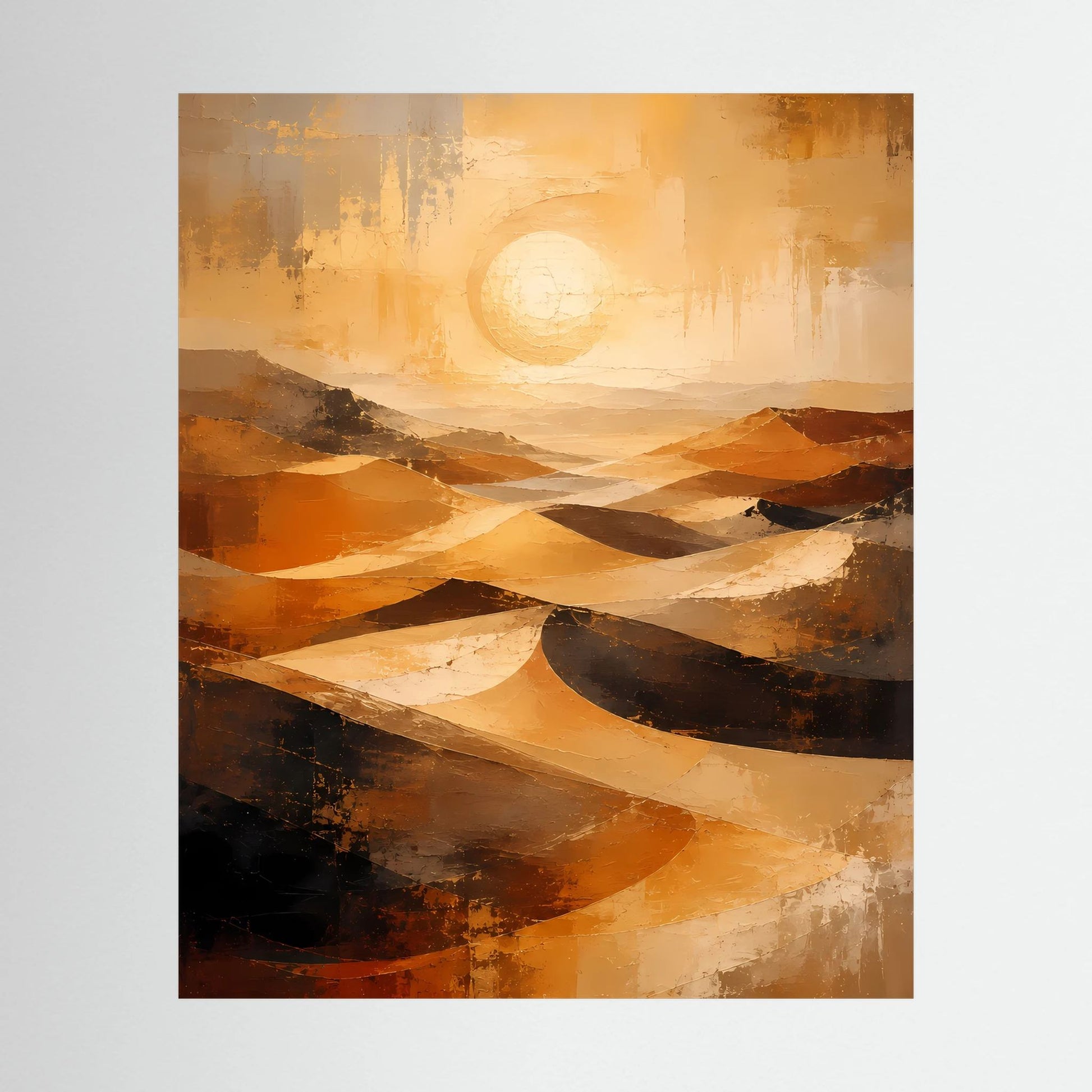 Abstraktes Poster mit Wüstenlandschaft in Gold und Orange, Kreis-Sonne, braune Dünen.
