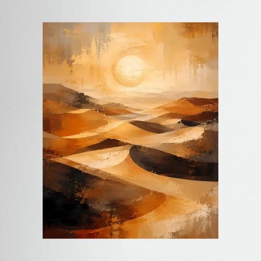 Abstraktes Poster mit Wüstenlandschaft in Gold und Orange, Kreis-Sonne, braune Dünen.