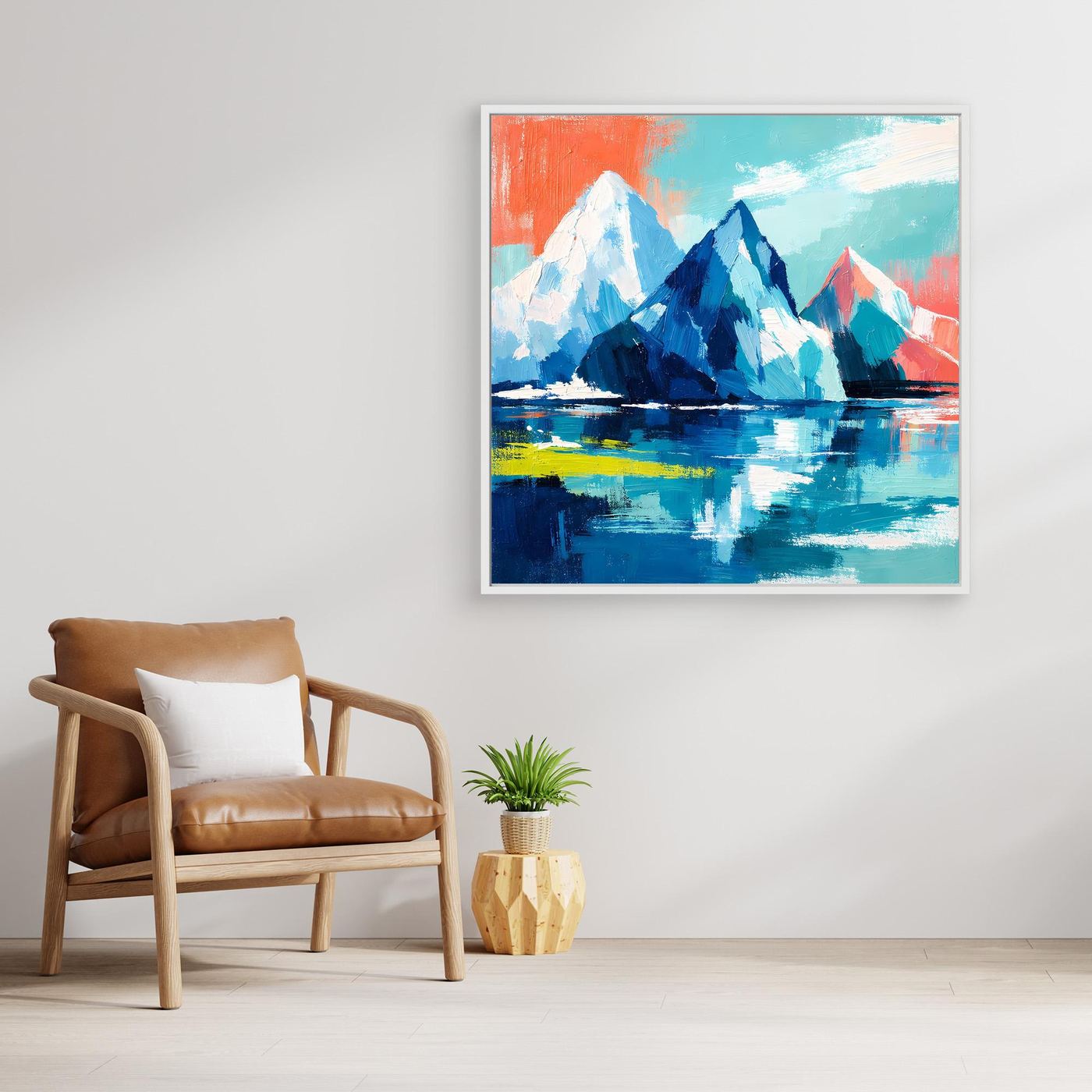 Abstract mountain and sea wall art with blue icebergs and colorful reflections, in a light frame