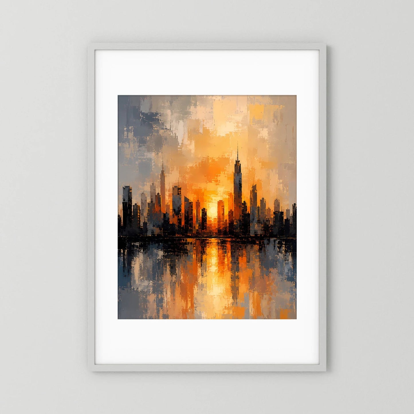 Poster Hochformat mit abstrakter Skyline bei Sonnenuntergang, Orange-Gold, weißer Rahmen
