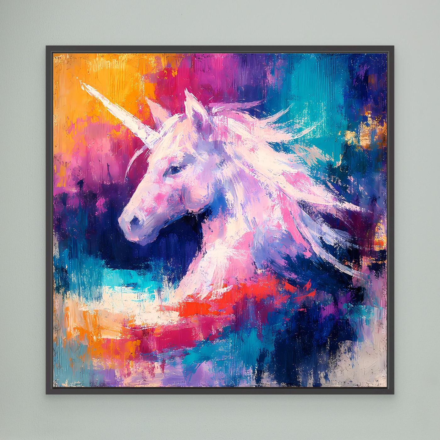 Leinwand Elegantes Einhorn im Farbenmeer | Abstraktes Fantasy & Pastell Wandbild