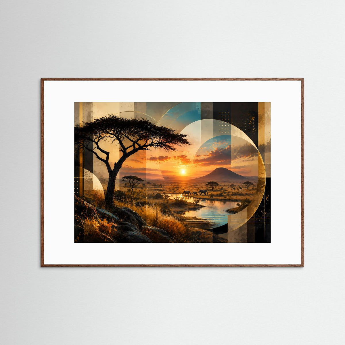 Querformat-Poster (brauner Rahmen) mit Akazienbaum über afrikanischer Savanne bei Sonnenuntergang