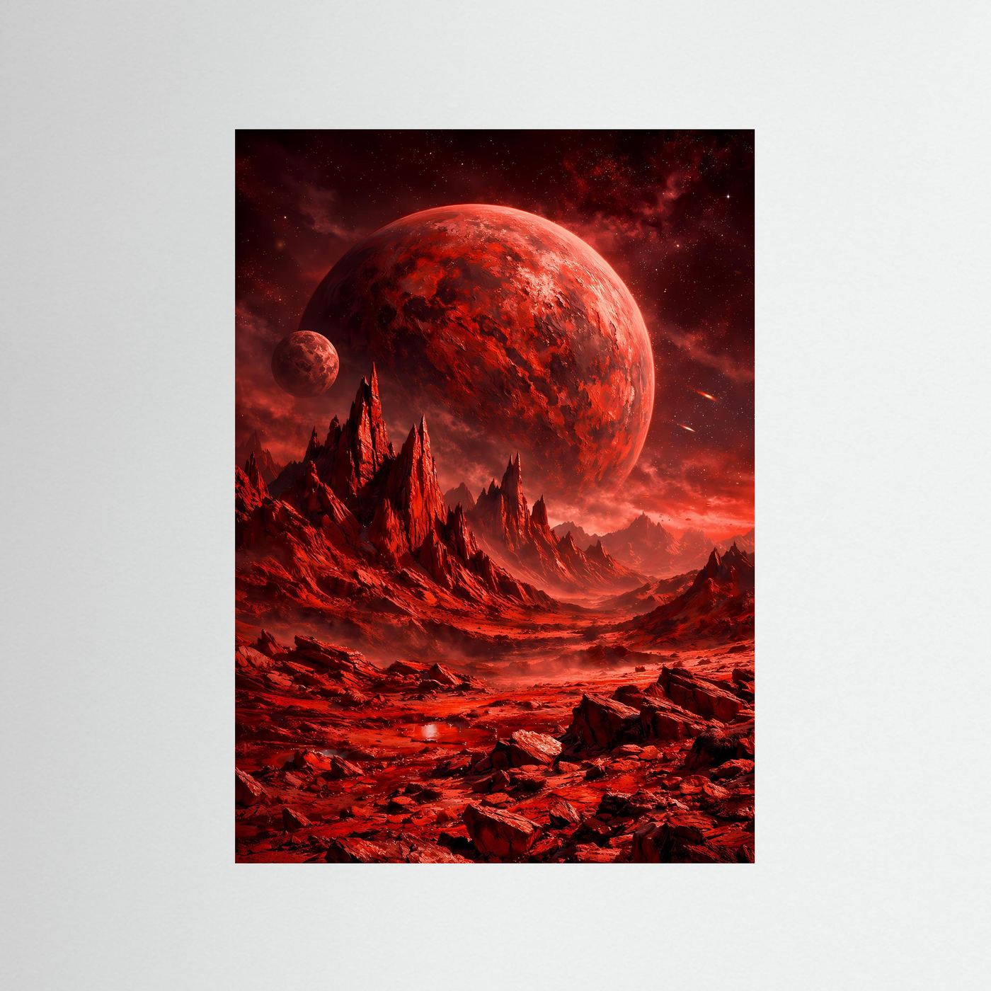 Sci‑Fi-Kunstposter: roter Planet, Felszacken und rote Weltraumlandschaft, hochformat