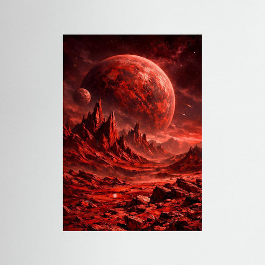 Sci‑Fi-Kunstposter: roter Planet, Felszacken und rote Weltraumlandschaft, hochformat