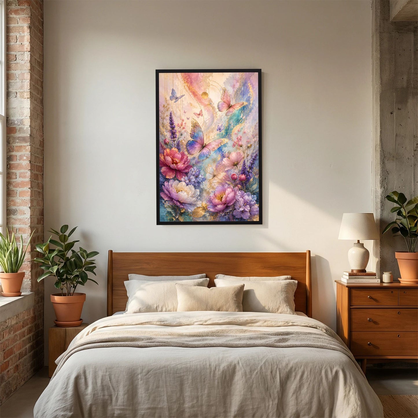 Poster im Hochformat mit Blumen und Schmetterlingen, schwarzer Rahmen