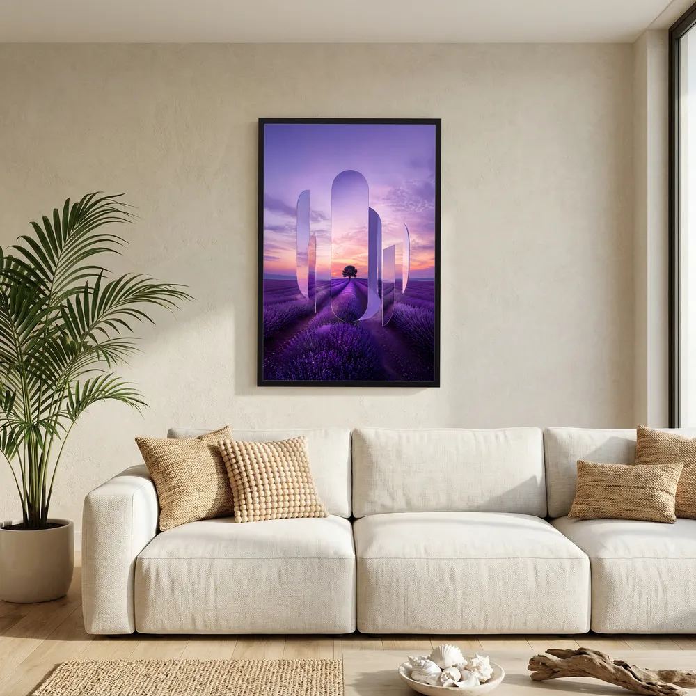Poster im Hochformat mit schwarzem Rahmen und violettem Lavendelfeld-Sonnenuntergangsmotiv
