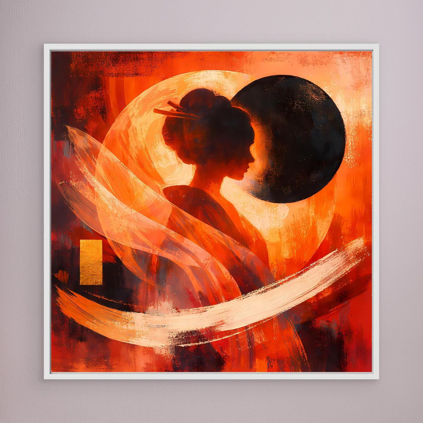 Abstraktes Leinwand-Wandbild mit Geisha-Silhouette, kräftiger Rot-Orange-Akzentierung