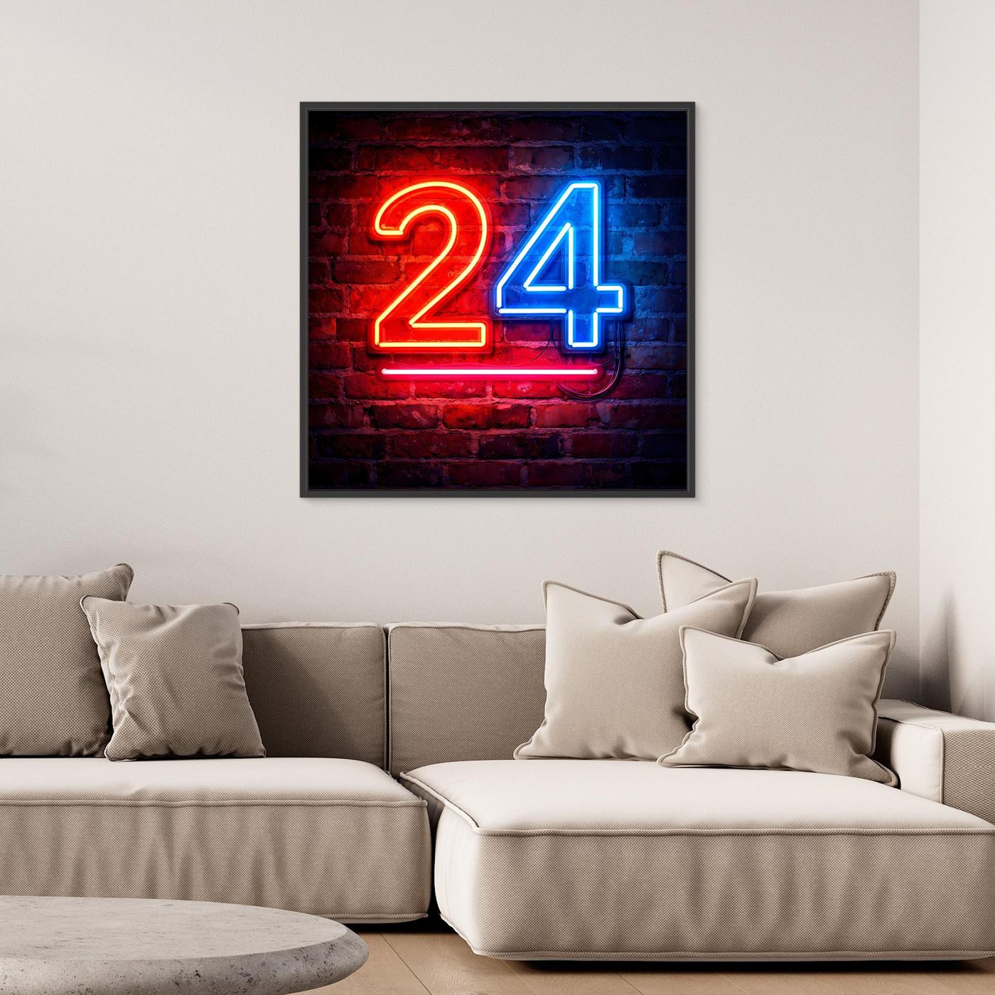 Wandbild mit Neon-Zahl 24 auf Backstein, schwarzer Rahmen
