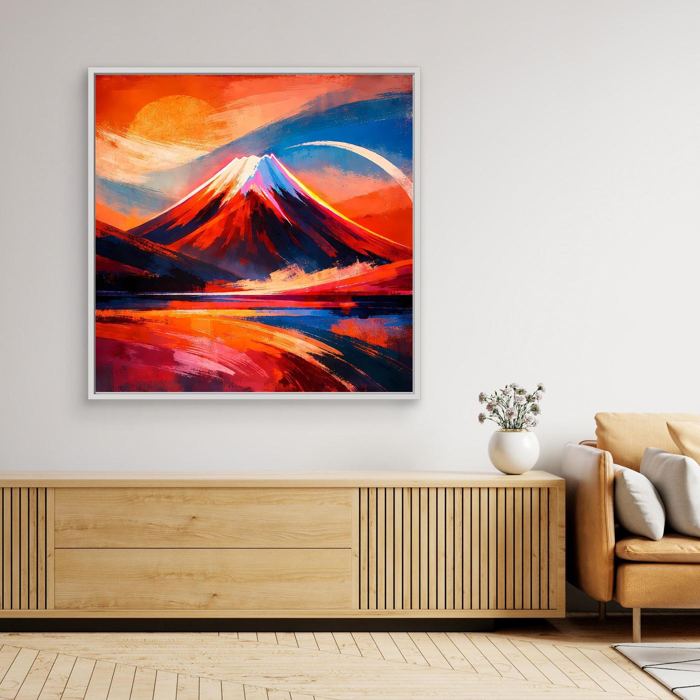 Gerahmtes Leinwand-Wandbild: abstrakter Berg bei Sonnenuntergang, silberner Rahmen