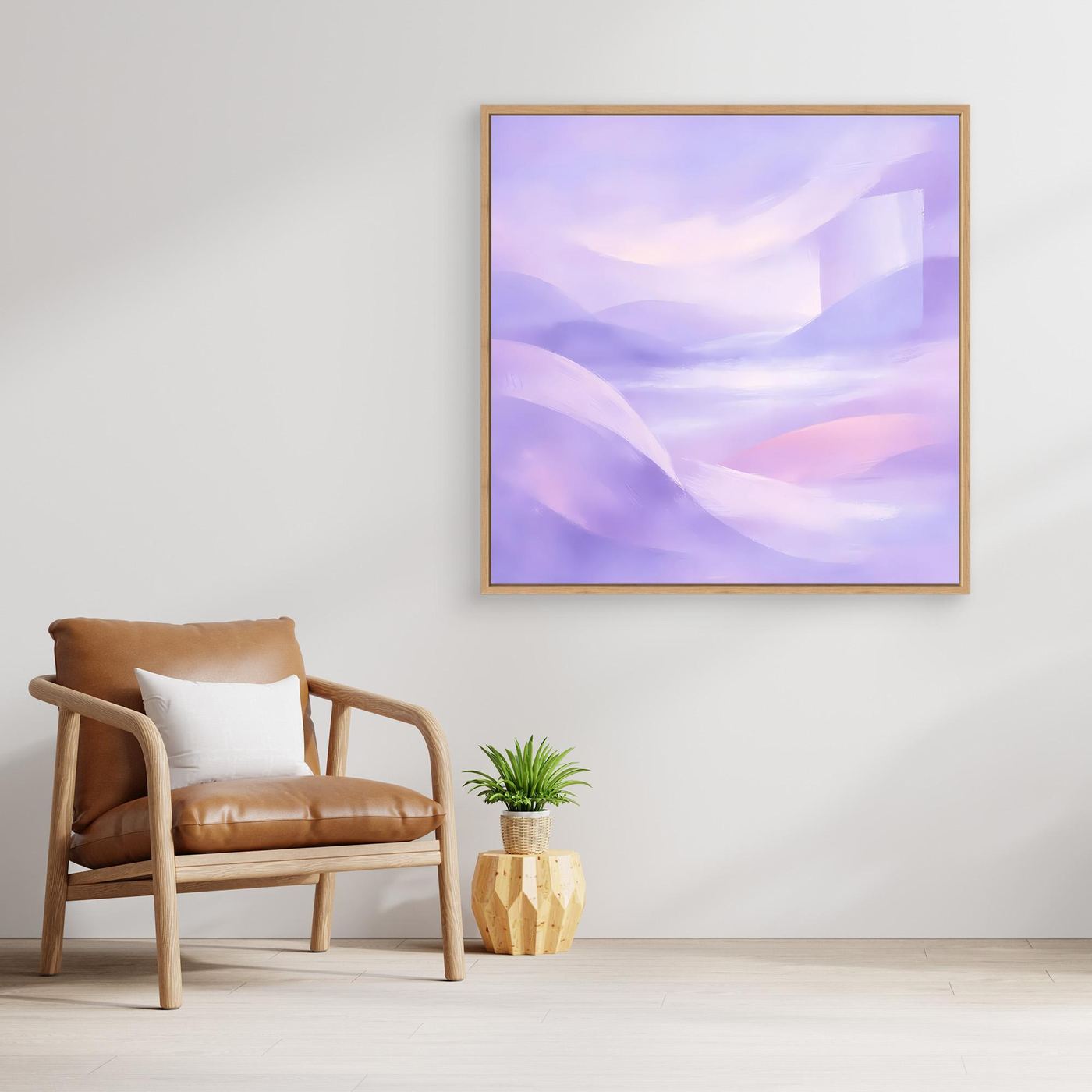 Leinwandbild mit Pastellhügeln in Violett und Rosa, mit Holzrahmen