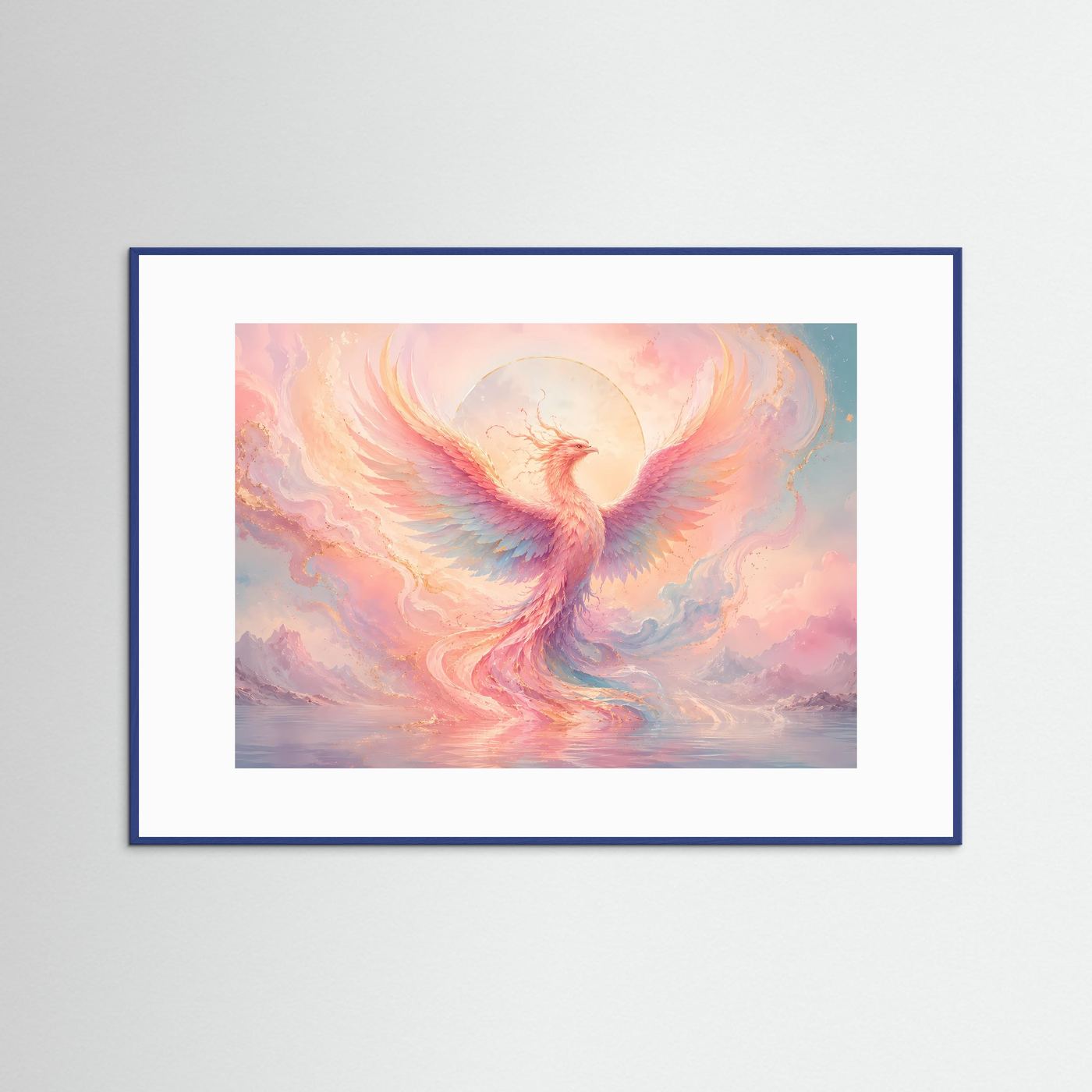 Phönix Poster Pastell | Mystischer Feuervogel Wandkunst | Abstrakte Fantasy Kunst | Elegantes Wandbild in Rosa & Gold