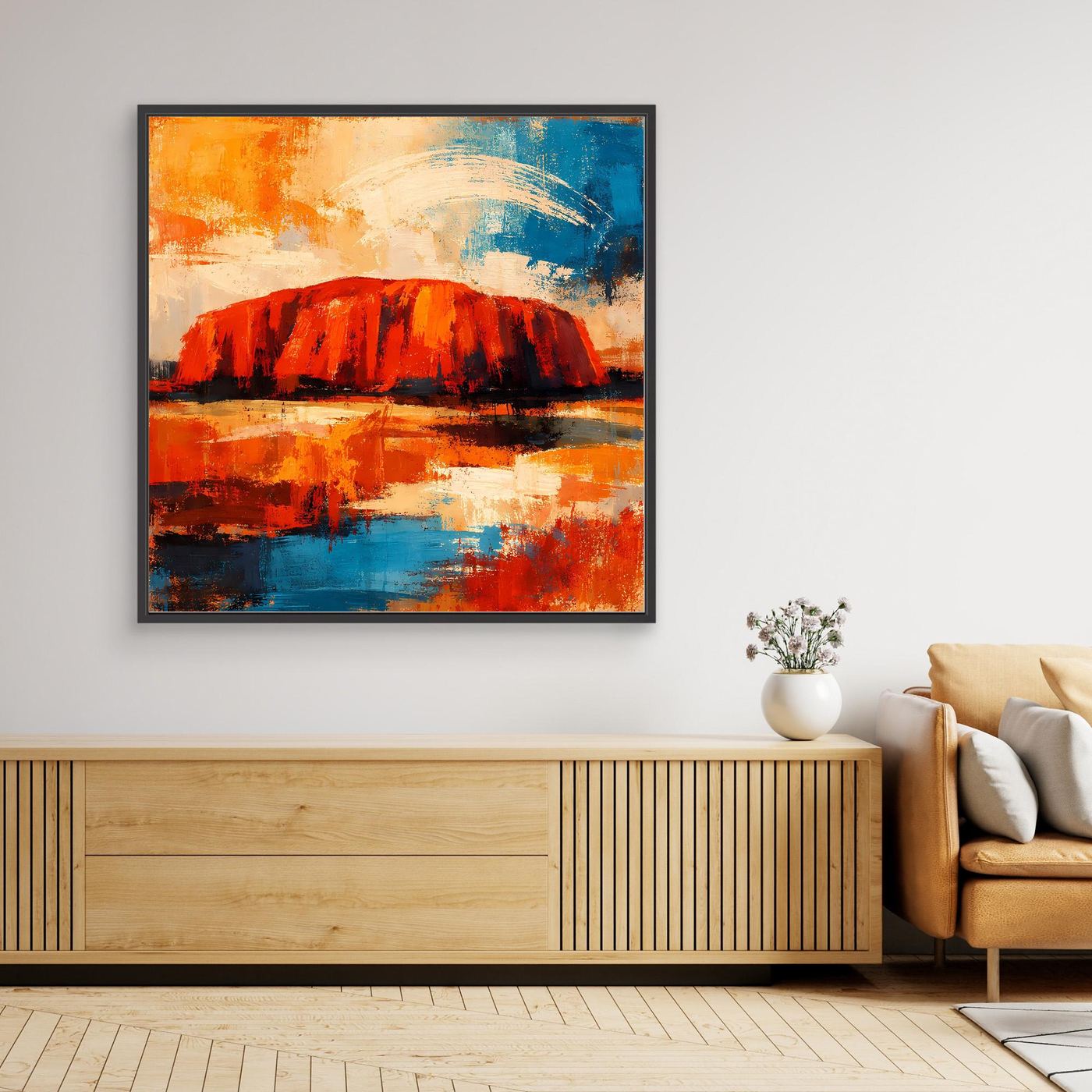 Abstraktes Leinwand-Wandbild mit Uluru-Motiv, schwarzer Rahmen
