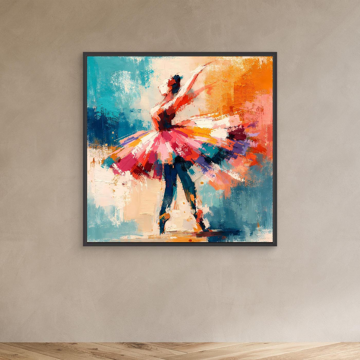 Abstract ballerina wall art in a black frame, red tutu dancer with teal, blue, and orange